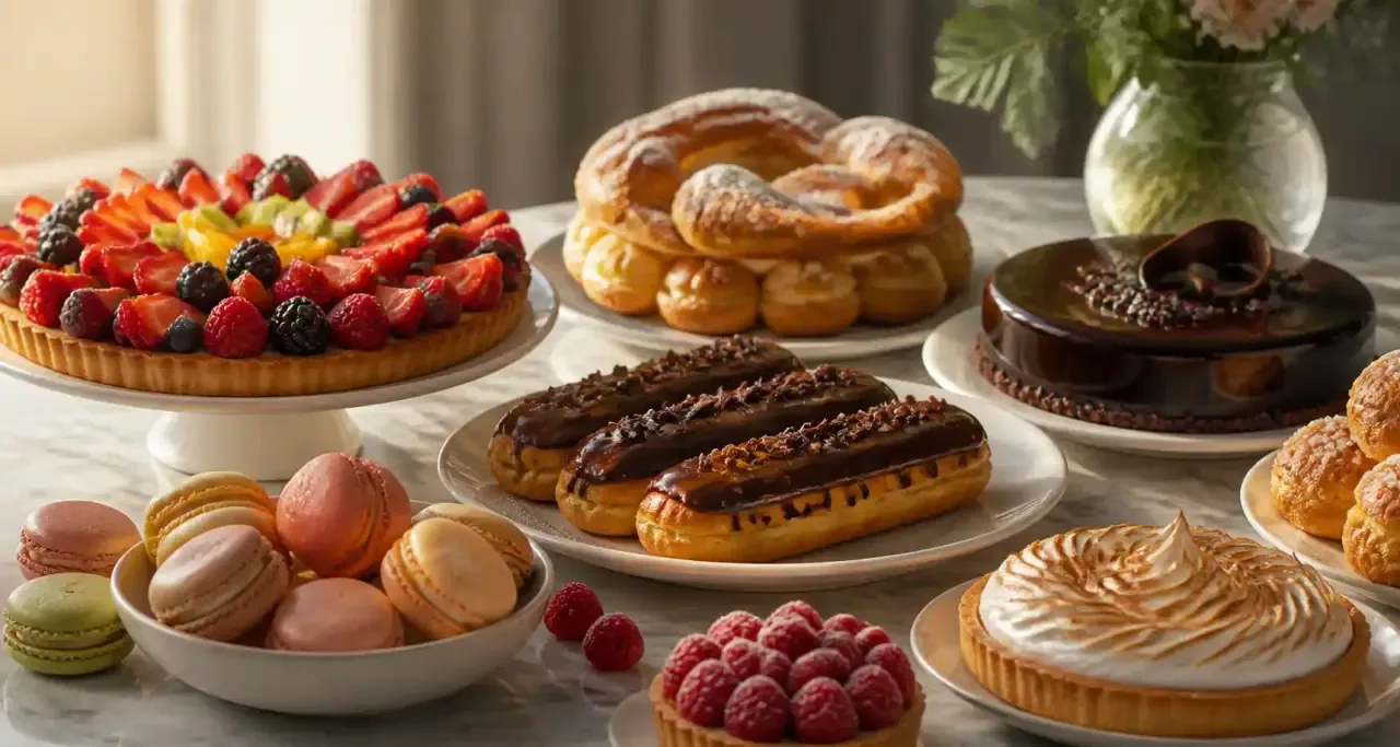 Assortiment de pâtisseries françaises artisanales sur un plan de marbre