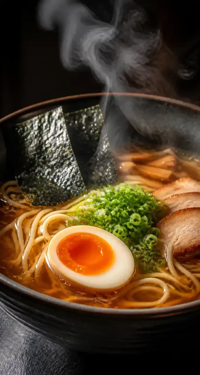 Gros plan sur un bol de ramen fumant au bouillon ambré