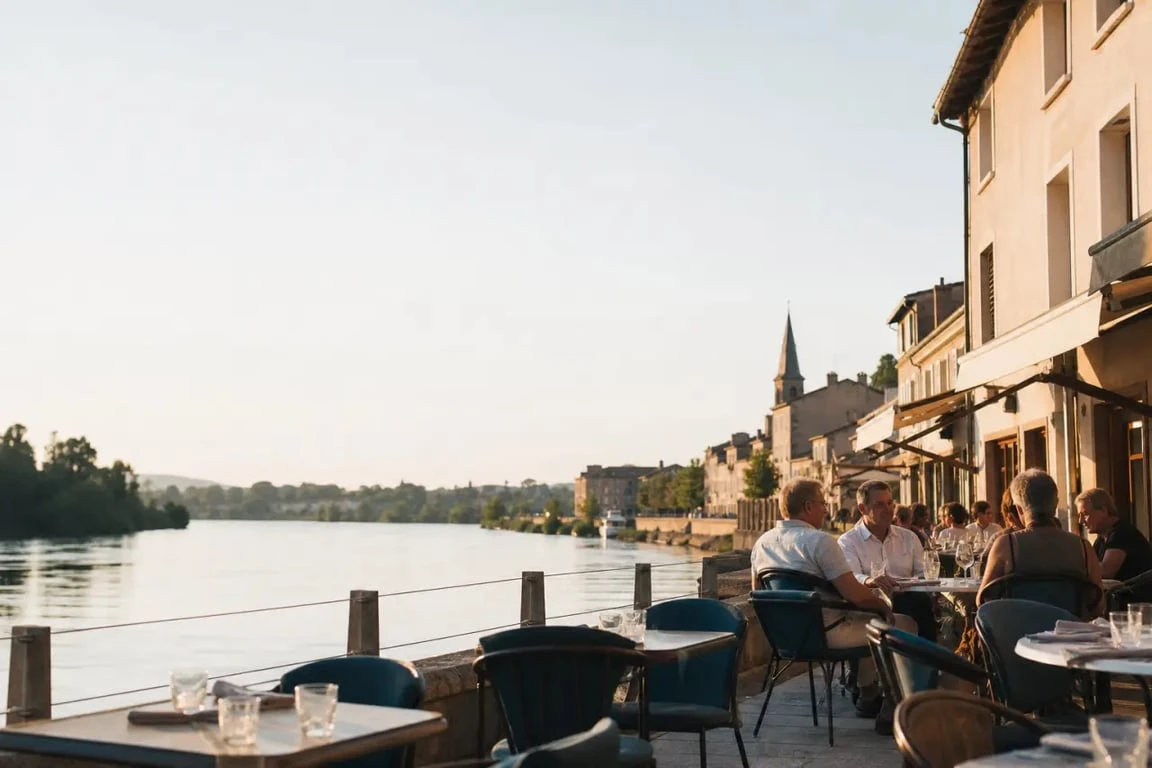 La Maison Bleue Trévoux, terrasse de restaurant au bord de la Saône
