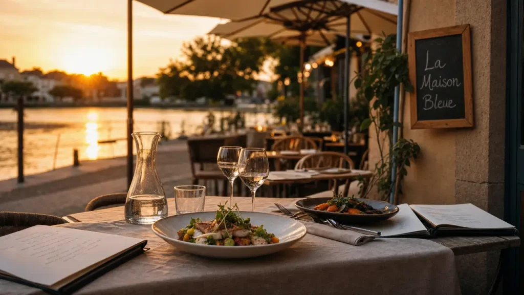 Terrasse de la maison bleue trevoux sur la Saône au golden hour