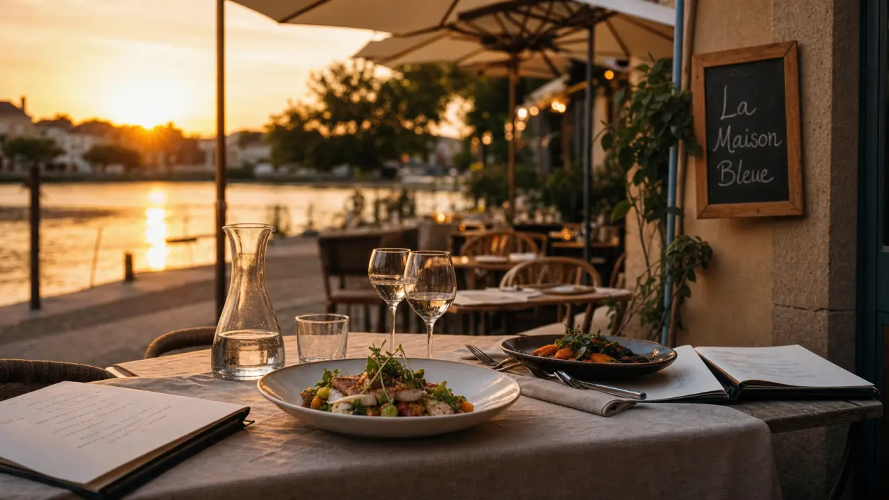 Terrasse de la maison bleue trevoux sur la Saône au golden hour