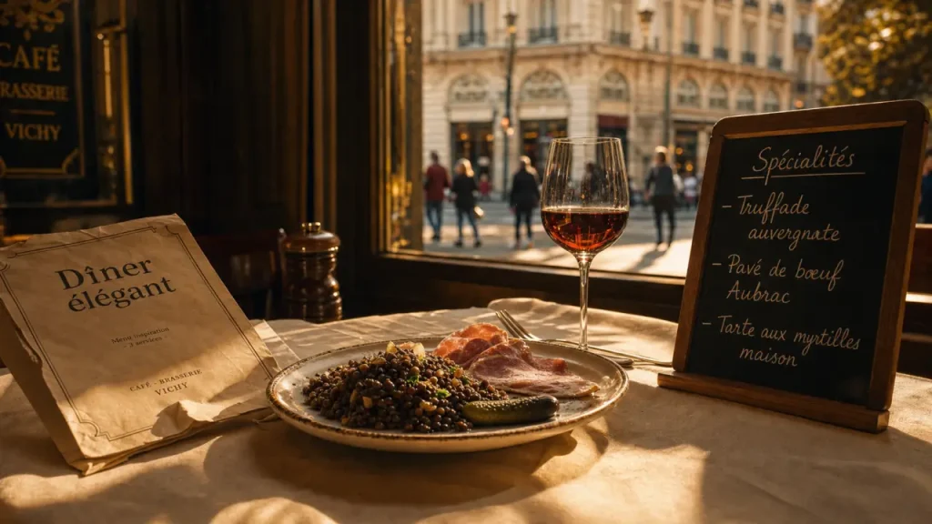 Meilleurs restaurant vichy : table avec menu et vin en café-brasserie