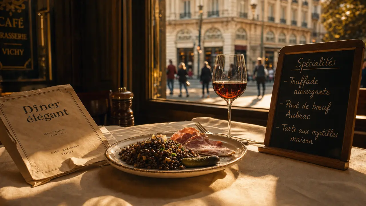 Meilleurs restaurant vichy : table avec menu et vin en café-brasserie