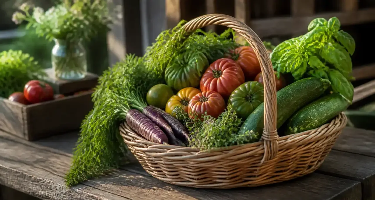 Panier en osier rempli de légumes de terroir sur une table en bois rustique