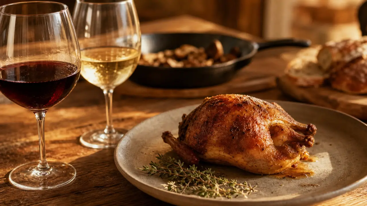 Quel vin servir avec des cailles rôties : caille dorée et deux verres de vin