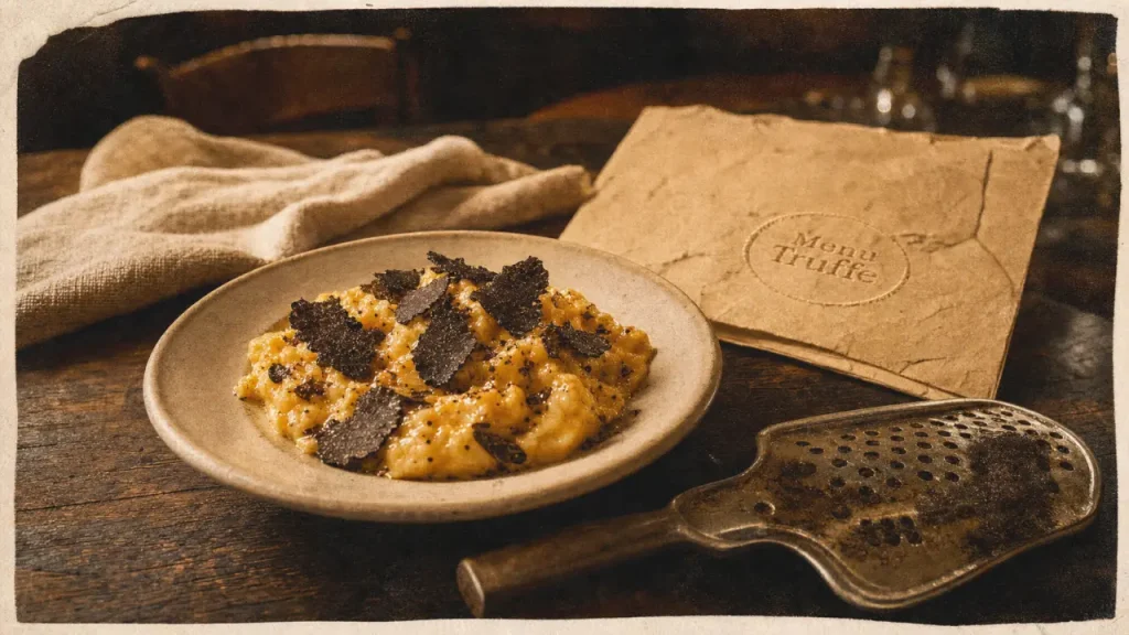 Restaurant menu truffe périgord : assiette avec œuf brouillé et copeaux de truffe noire