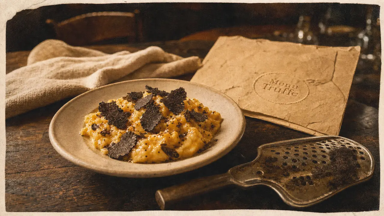 Restaurant menu truffe périgord : assiette avec œuf brouillé et copeaux de truffe noire