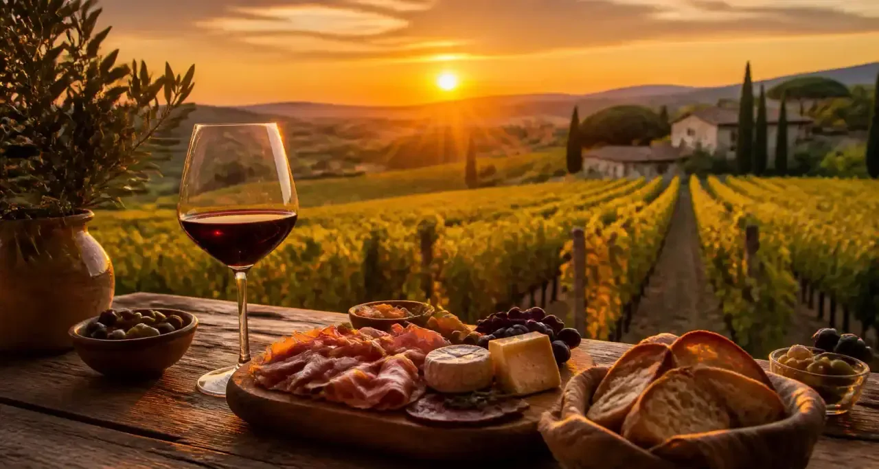 Verre de vin rouge posé sur une terrasse face à un vignoble provençal