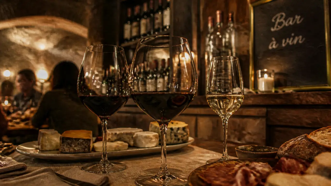 Bar à vin romantique Paris : verres de vin rouge et blanc, ambiance tamisée