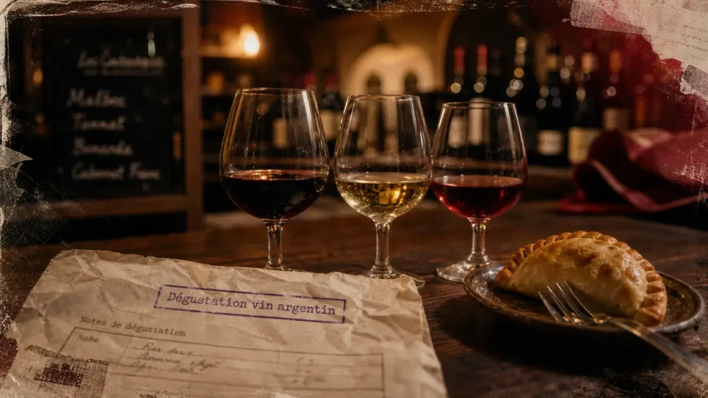 Dégustation vin argentin paris : verres Malbec et Torrontés, empanada