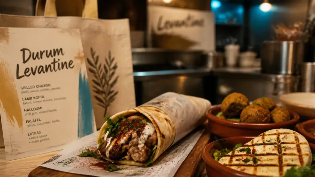 Durum street food levantine à Marseille : lavash, mezzés et kebab premium sur table