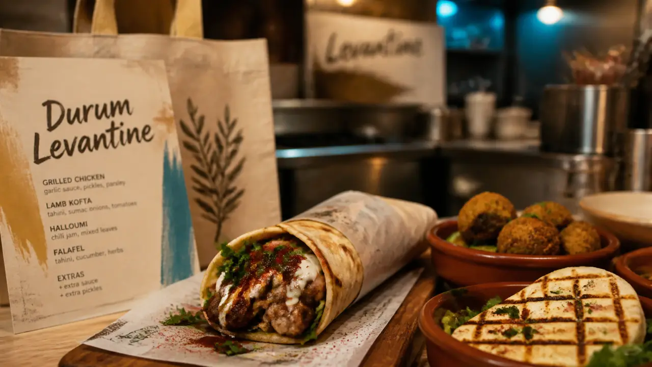 Durum street food levantine à Marseille : lavash, mezzés et kebab premium sur table