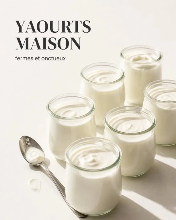 Faire des yaourts maison : pots de yaourt nature fermes et onctueux en verre sur une table de cuisine