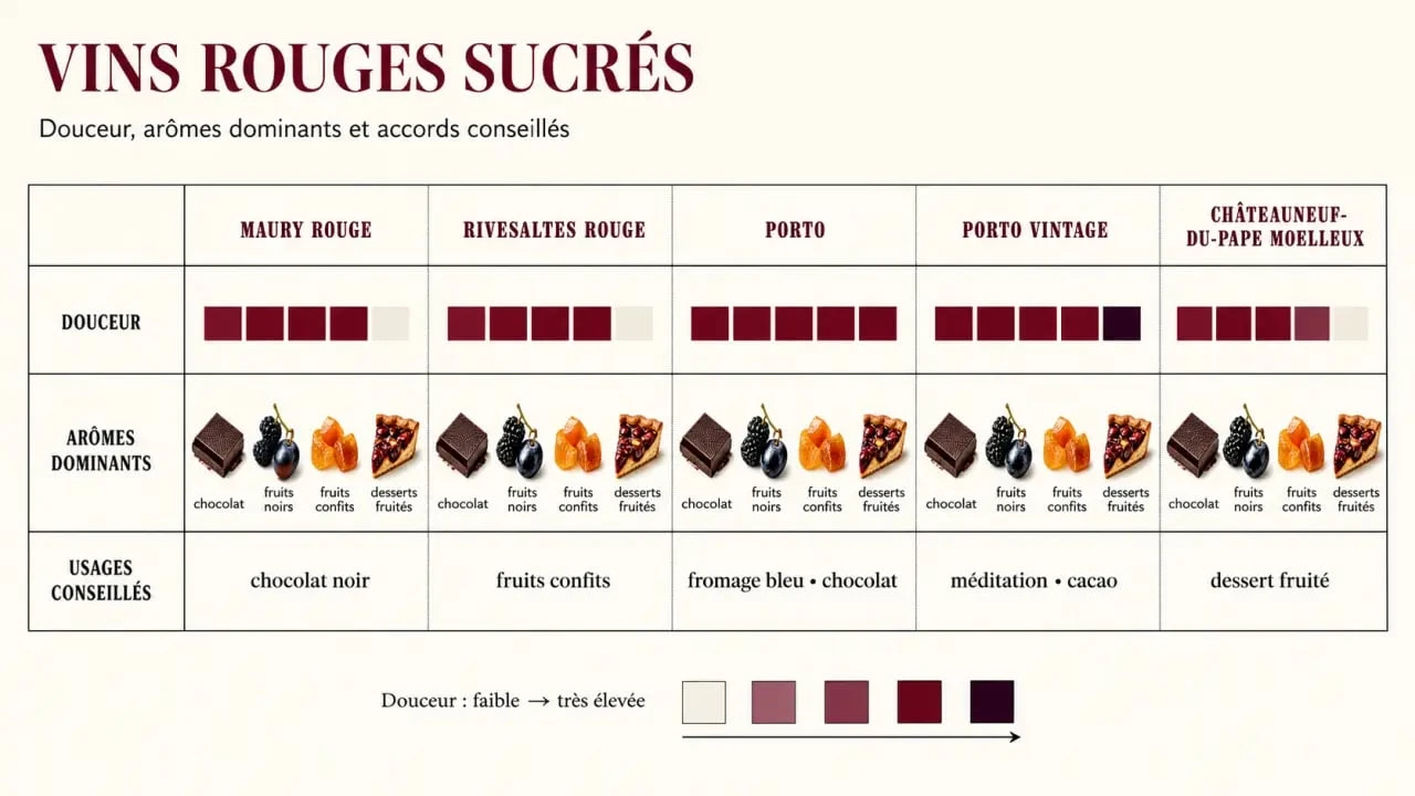 Comparaison des vins rouges sucrés : styles, arômes et accords mets-vins