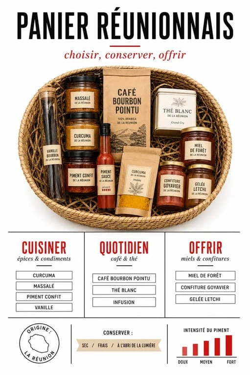 Panier de produit reunion classé par usage avec épices, café, miel et confitures