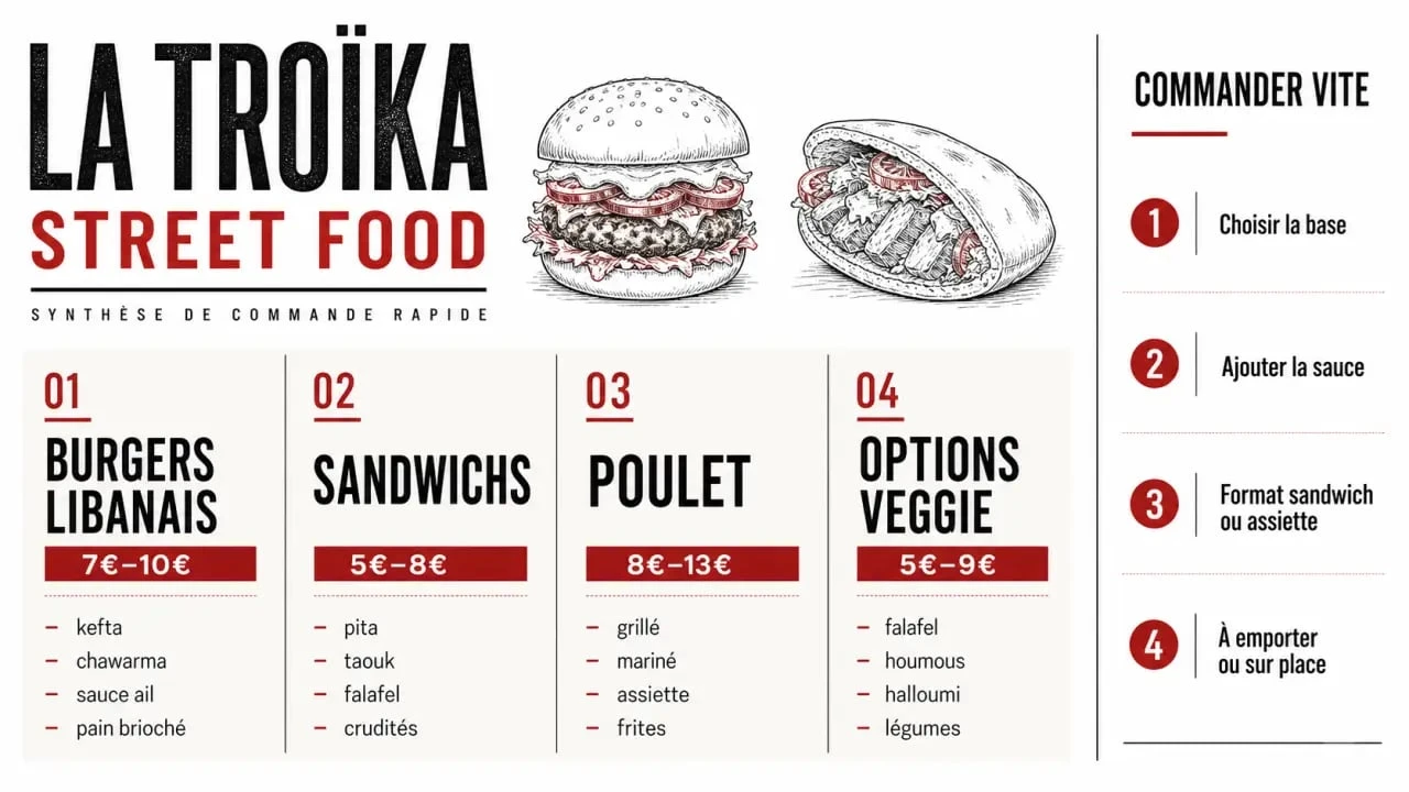 La troïka street food : aperçu éditorial des catégories de menu et des prix