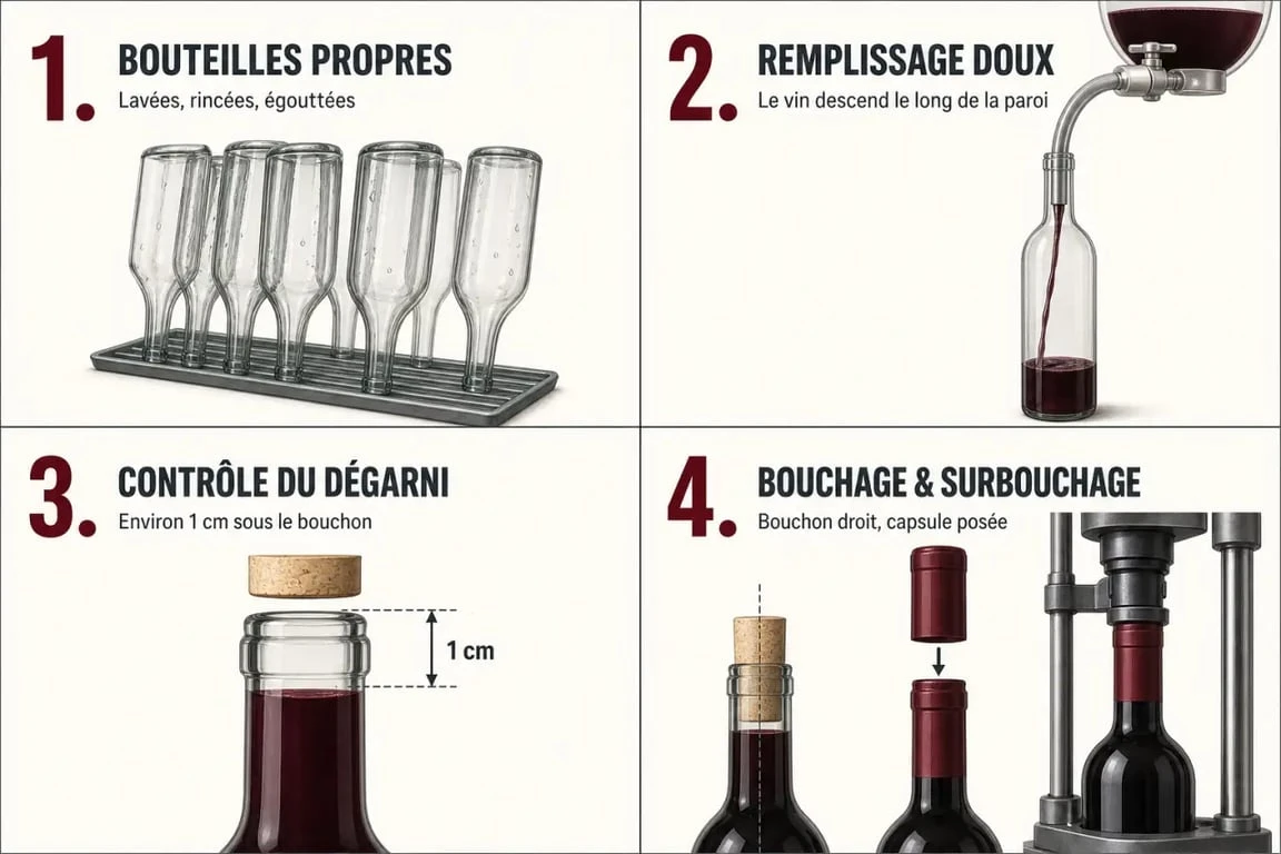 Embouteiller vin : schéma séquentiel du nettoyage, du remplissage et du bouchage