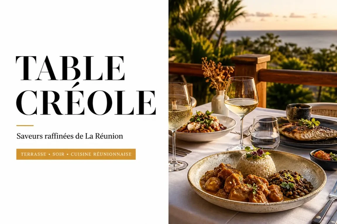 Restaurant île de la Réunion : table créole en terrasse avec vue tropicale