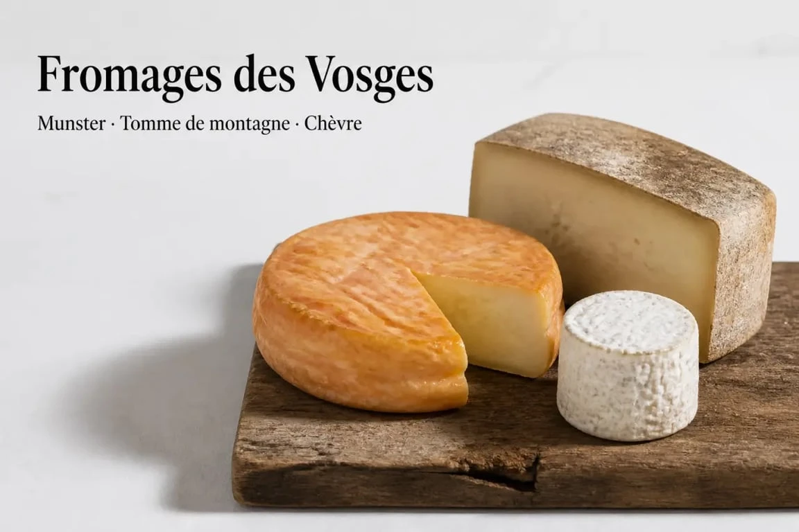 Fromage des Vosges sur une planche rustique avec munster, tomme de montagne et fromage de chèvre