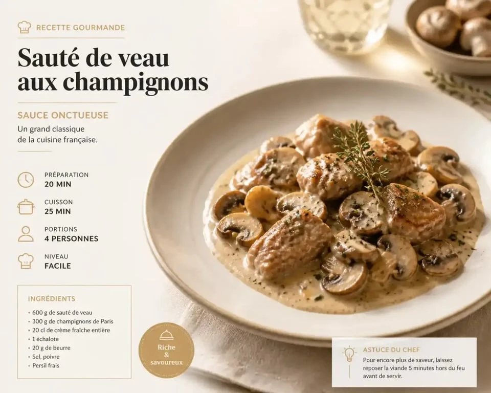 Sauté de veau aux champignons cuisiné au vin blanc, plat gastronomique