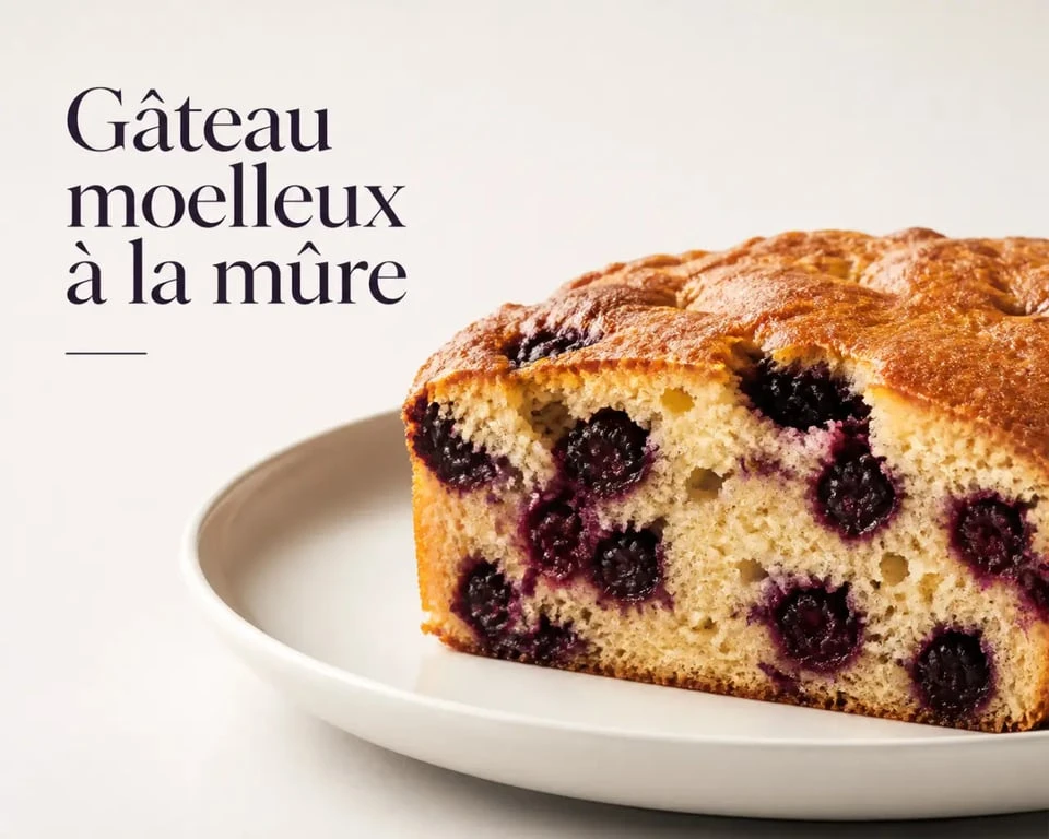 Gâteau à la mûre moelleux servi sur une assiette blanche avec des mûres fraîches