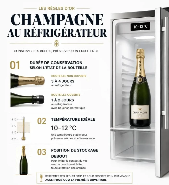 Infographie sur la conservation du champagne au frigo et durée de vie