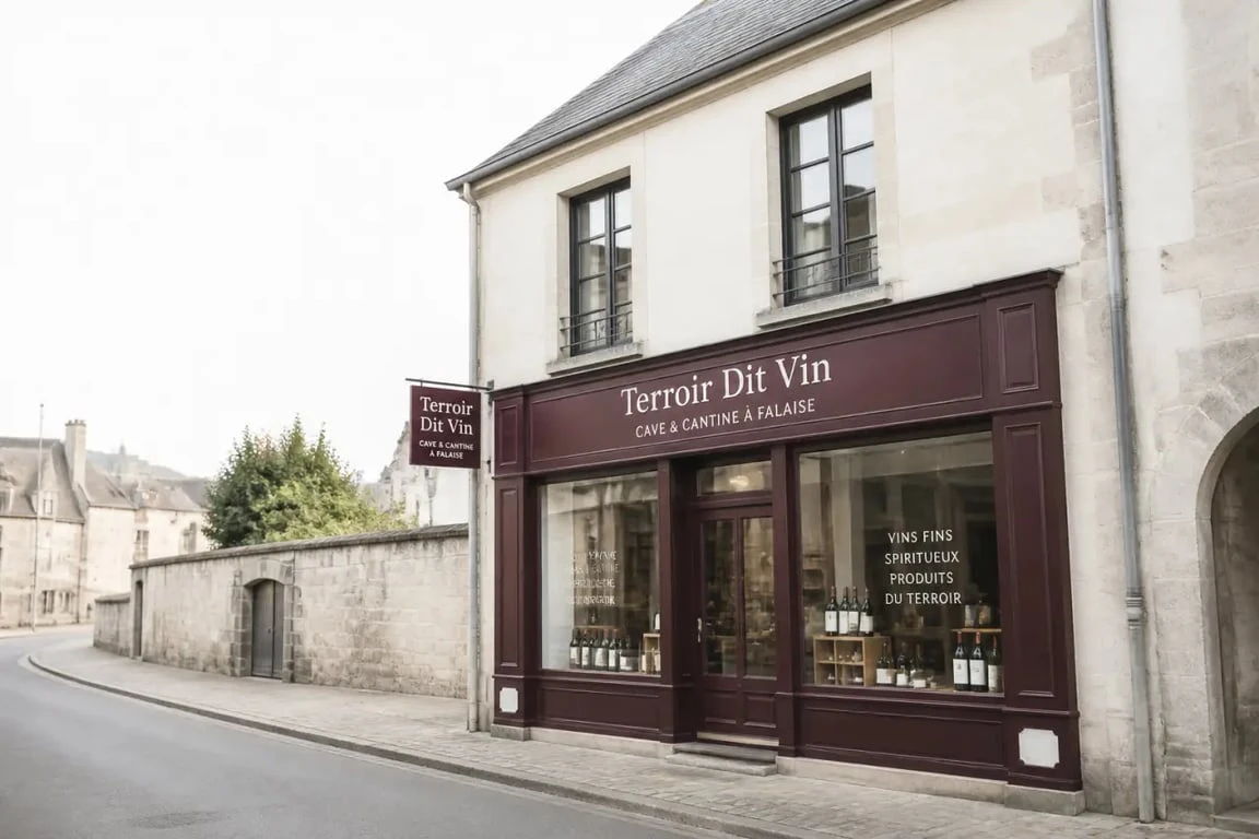 Terroir Dit Vin à Falaise, façade d’un lieu mêlant cave et cantine