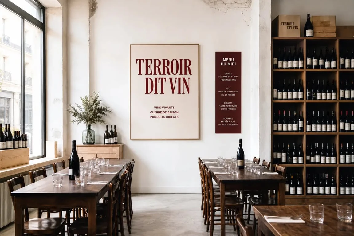 Terroir Dit Vin à Falaise, intérieur entre cave à vin et cantine du midi