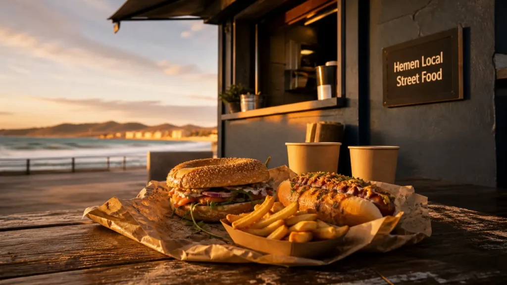 hemen local street food à Hendaye Plage : bagel et hot-dog sur terrasse face à l’océan