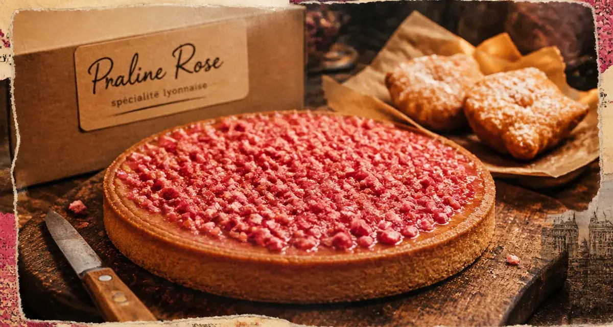 Praline rose, spécialité lyonnaise sucré : tarte aux pralines et bugnes