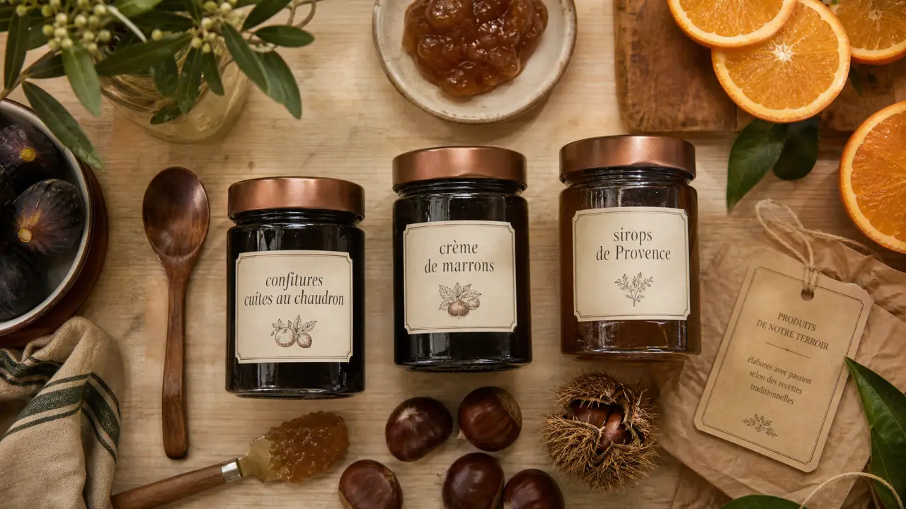 Provence gourmande produits du terroir : confitures au chaudron à Cuers, bocaux et fruits locaux.