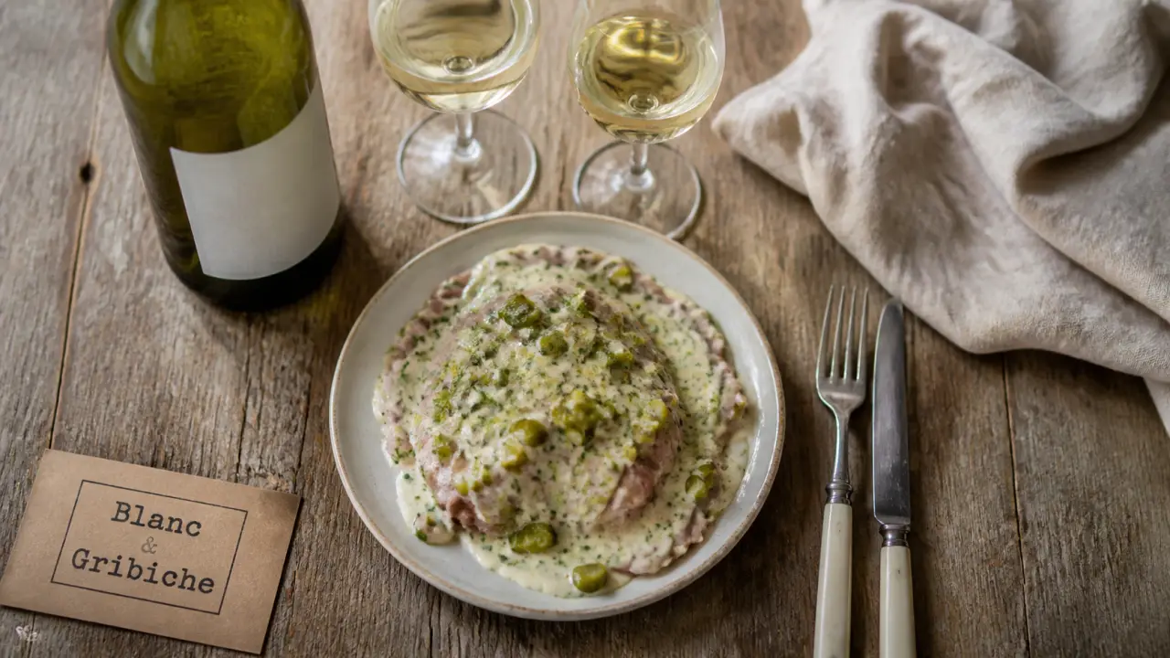 Quel vin servir avec une tête de veau sauce gribiche, verre de blanc sec et assiette de tête de veau