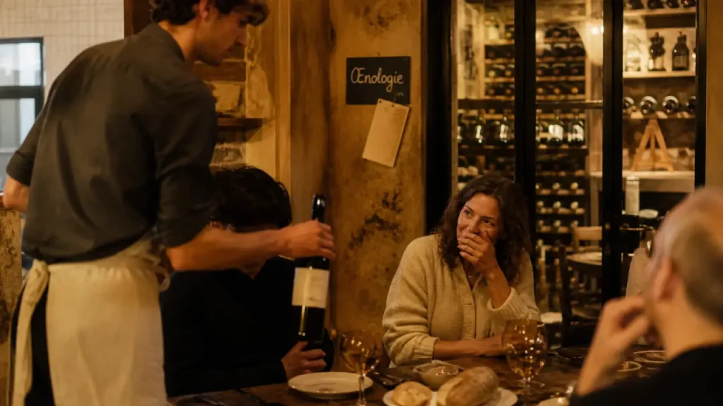 Terroir dit vin à Falaise, cave-cantine d’œnologie : verres et bouteilles en cave