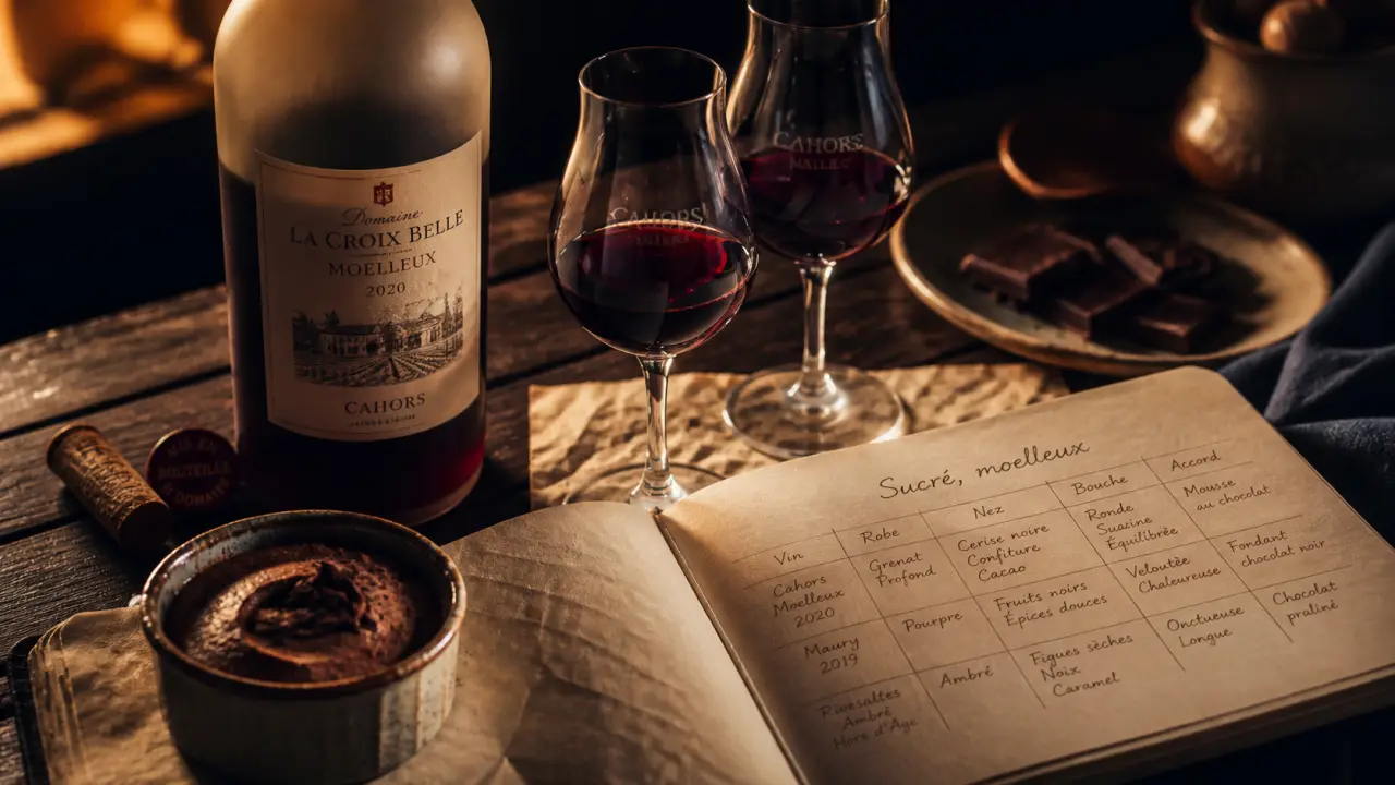 Vins rouges sucrés : bouteille et verres, ambiance chocolat