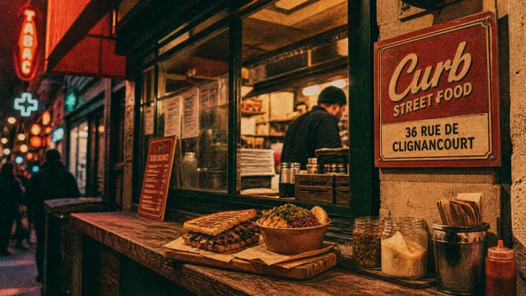 curb street food Paris 18e : sandwichs et bowls dans une vitrine