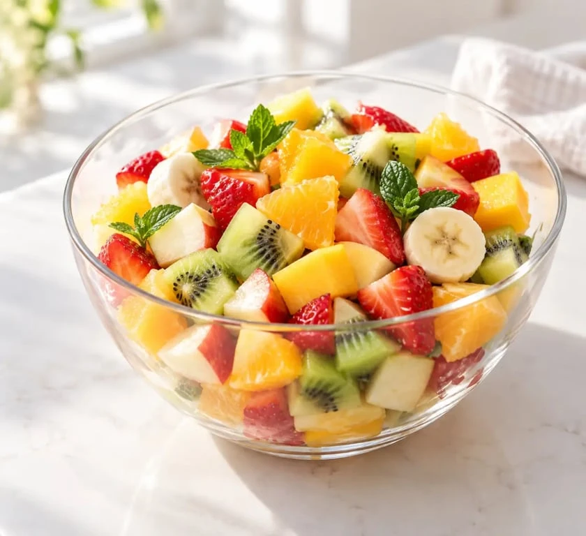 Salade au fruit recette fraîche et colorée avec mangue, fraises, kiwi et orange