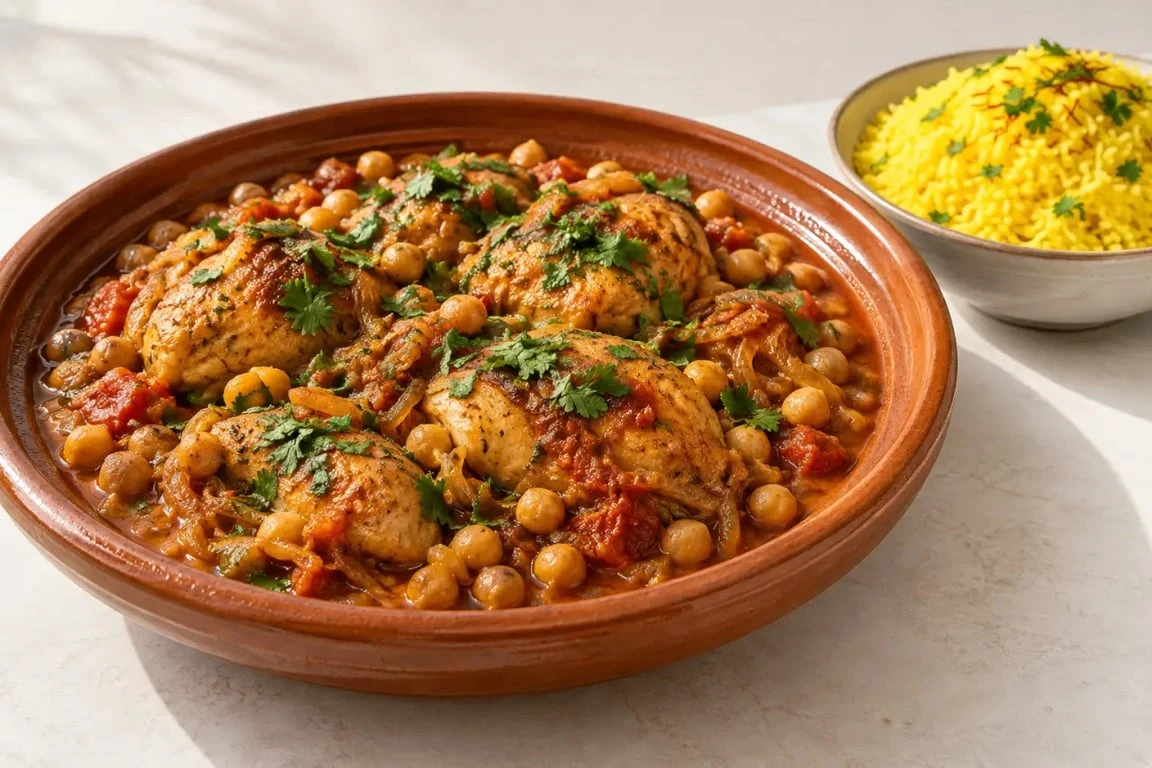 Recette au poulet marocain mijoté avec pois chiches et riz au safran