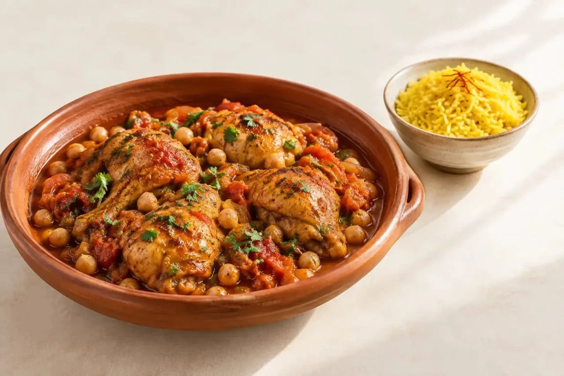 Recette au poulet marocain mijoté avec pois chiches et riz au safran