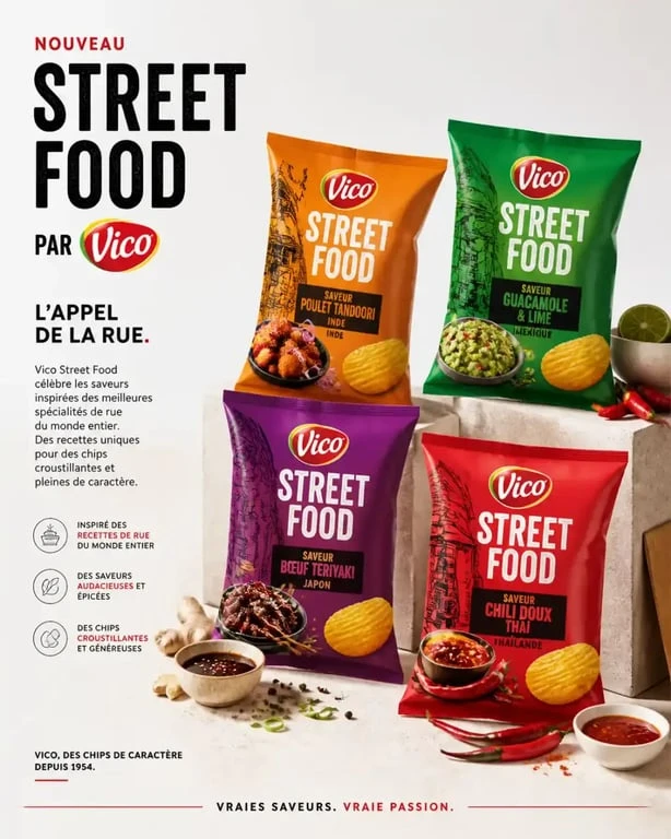 Gamme de chips Vico Street Food, présentation des différentes saveurs de la marque