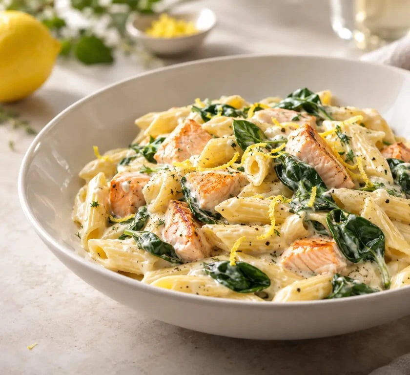 Recette boursin cuisine : pâtes crémeuses au saumon et aux épinards