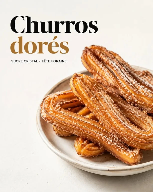 Véritable recette churros fête foraine, churros dorés et sucrés sur assiette blanche