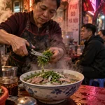 Phở vietnam street food à Hanoï, bol fumant au stand du matin