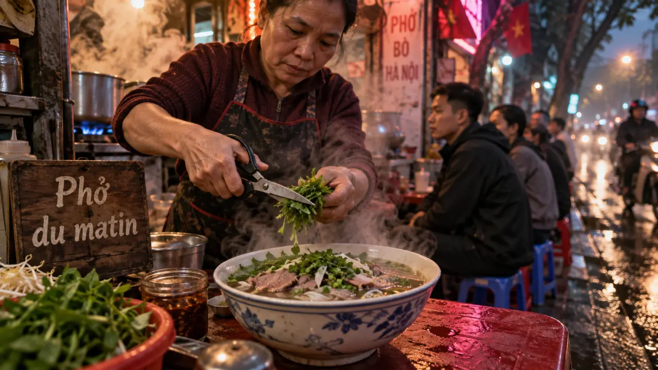 Phở vietnam street food à Hanoï, bol fumant au stand du matin