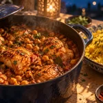 Recette au poulet marocain en cocotte : poulet doré et sauce épicée aux pois chiches