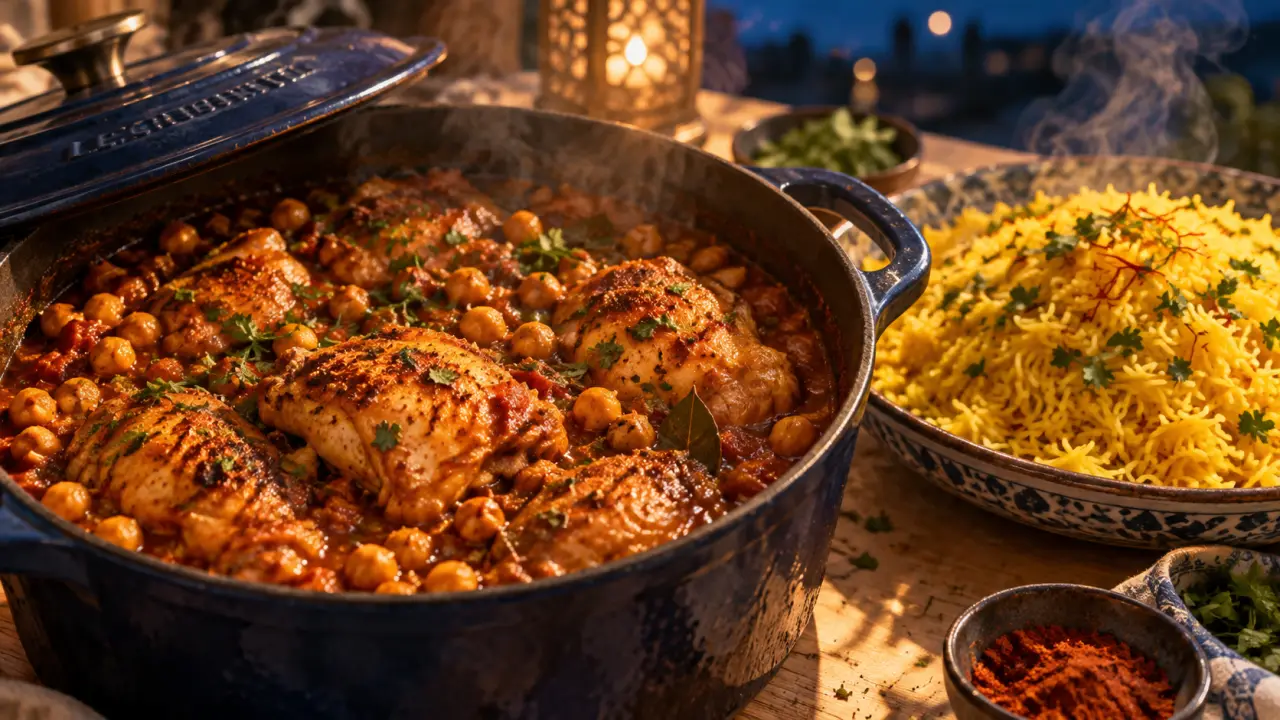 Recette au poulet marocain en cocotte : poulet doré et sauce épicée aux pois chiches