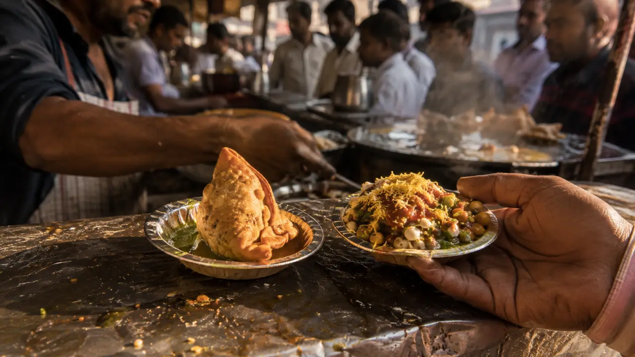 Street food indien : samosa et chaat sur un stand