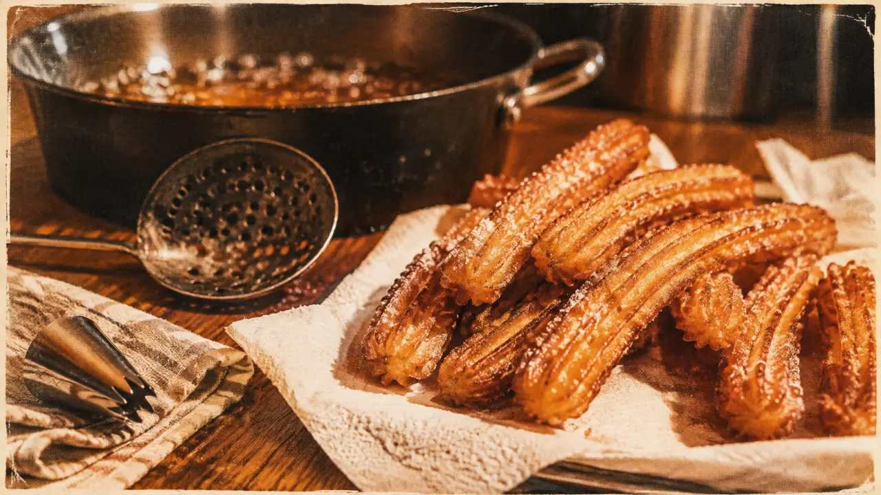Véritable recette churros fête foraine : churros dorés et sucre cristal, friture à 180 °C