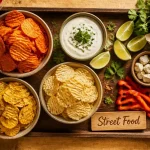 Vico street food : chips paprika curry naan sur table bois, sauces et coriandre