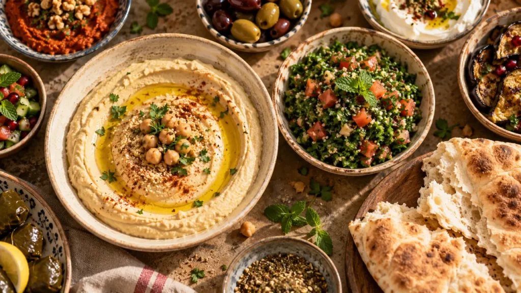 Cuisine libanaise recette : houmous et taboulé, table mezze à partager