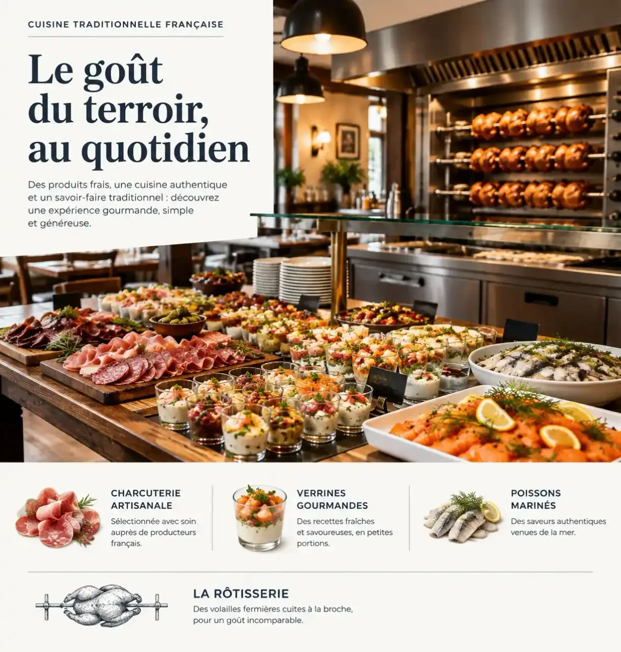 Buffet et rôtisserie en cuisine ouverte au restaurant Le Chaudron à Feurs